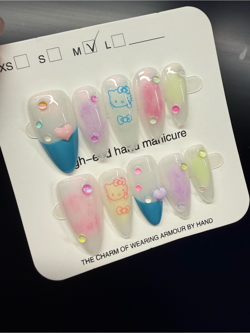 Hello Kitty Pastel Nail Set with Blue Accents and Multicolor Gems Medium